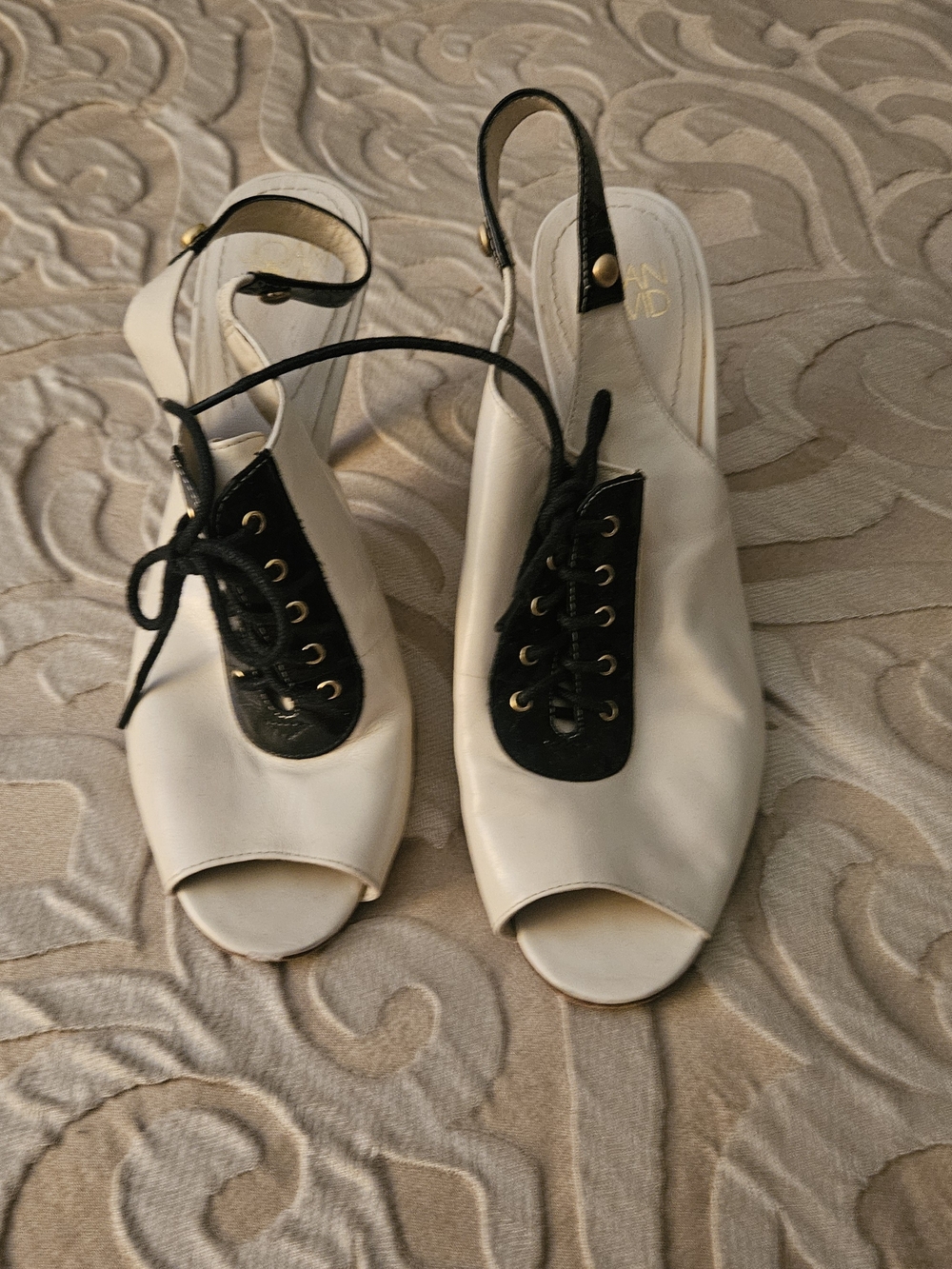 Joan & David White Open-Toe Slingback Heels with Black Lace-Up Detail